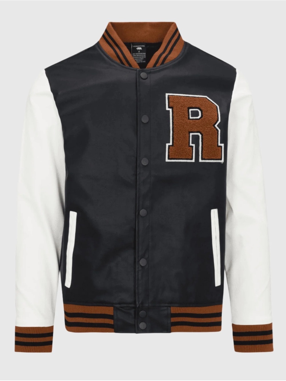 Ring of Fire Varsity Bomber Jacket Faux Leather Letterman Brown White M - Picture 2 of 6